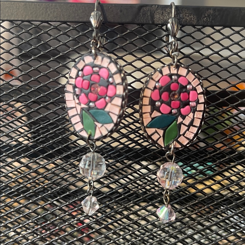 Mosaic Pink Flower & AB colored bead 2.75”Earrings on gunmetal lever back.